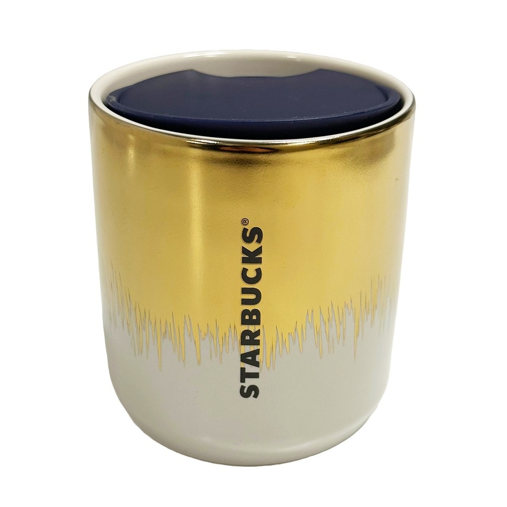 STARBUCKS Glam Holiday Coffee Travel Mug‎ Tumbler w/Lid • 8oz • gold white